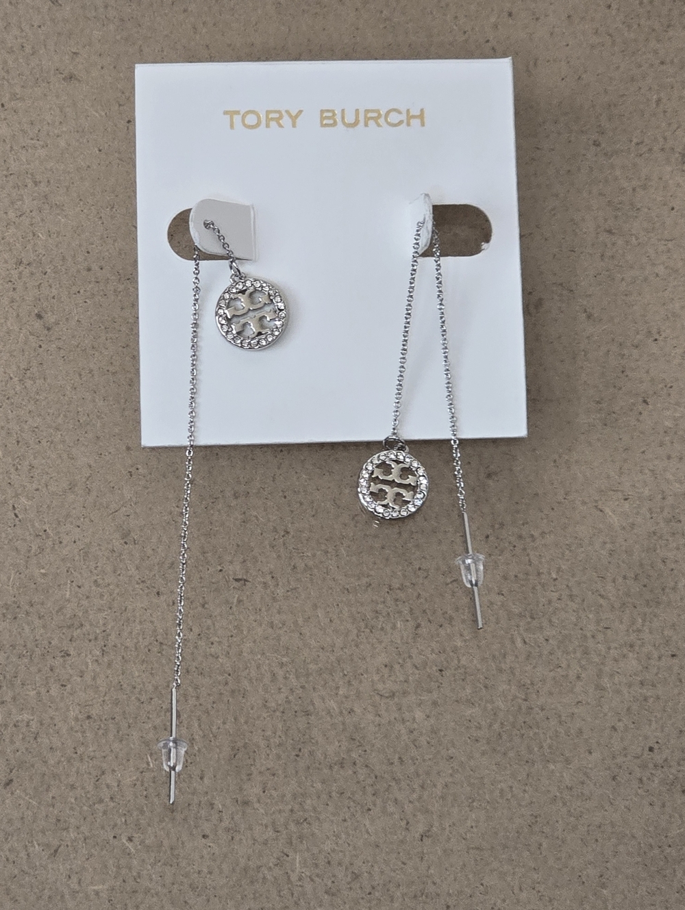 Tory Burch Silver Threader Logo Drop Earrings